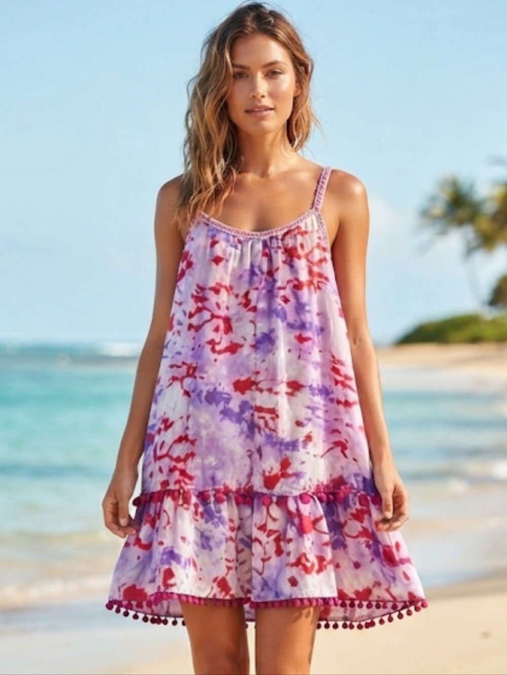 Miken Purple Printed Tie-Dye Pom-Pom Ruffled Swim Cover-Up Dress. Size Small